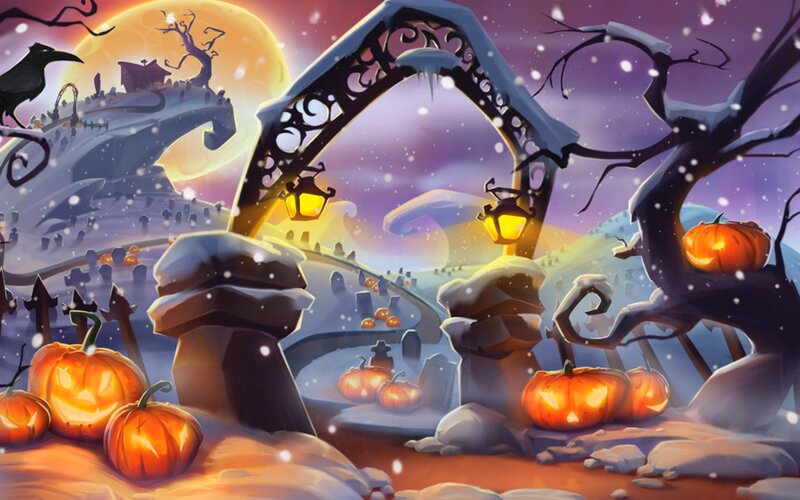 Pumpkins in Snowy Graveyard