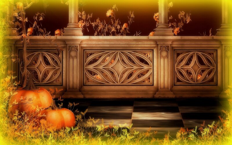 Pumpkins on Stone Bench