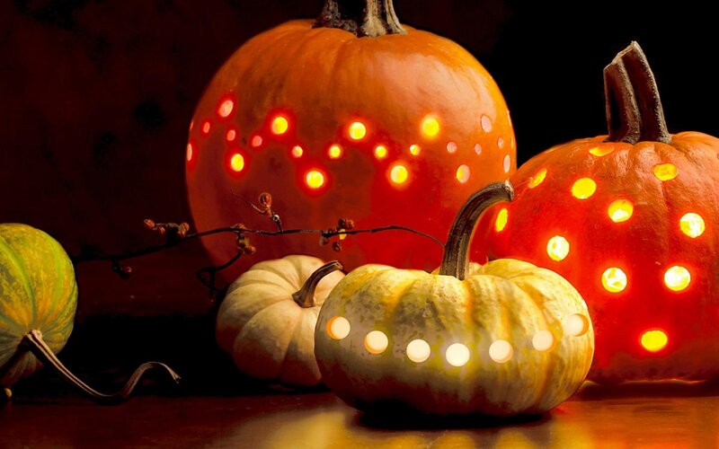 Pumpkins with Lights — Orange, Dramatic, Night, Photograph