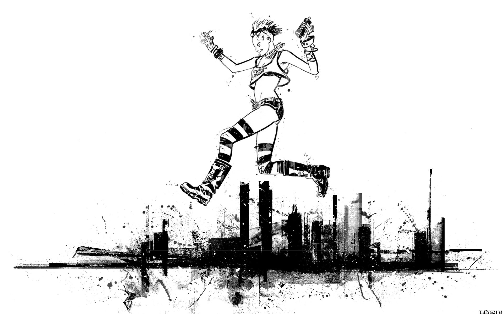 punk character jumping over city