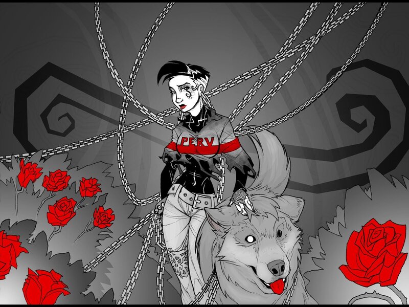 punk girl with wolf and chains