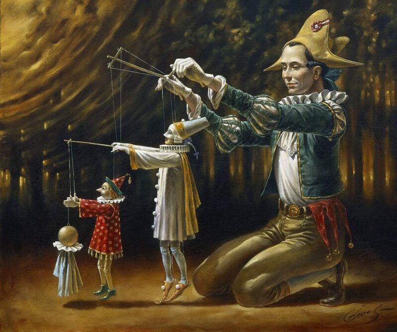Puppeteer with marionettes