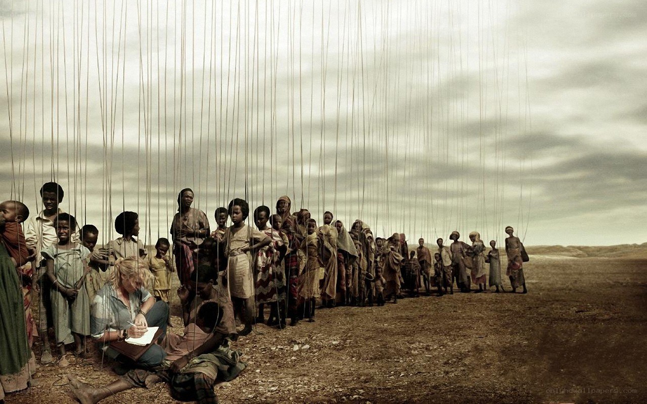 Puppets in a desert line