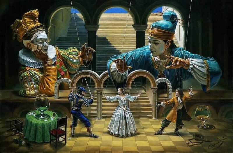 Puppets in a grand hall