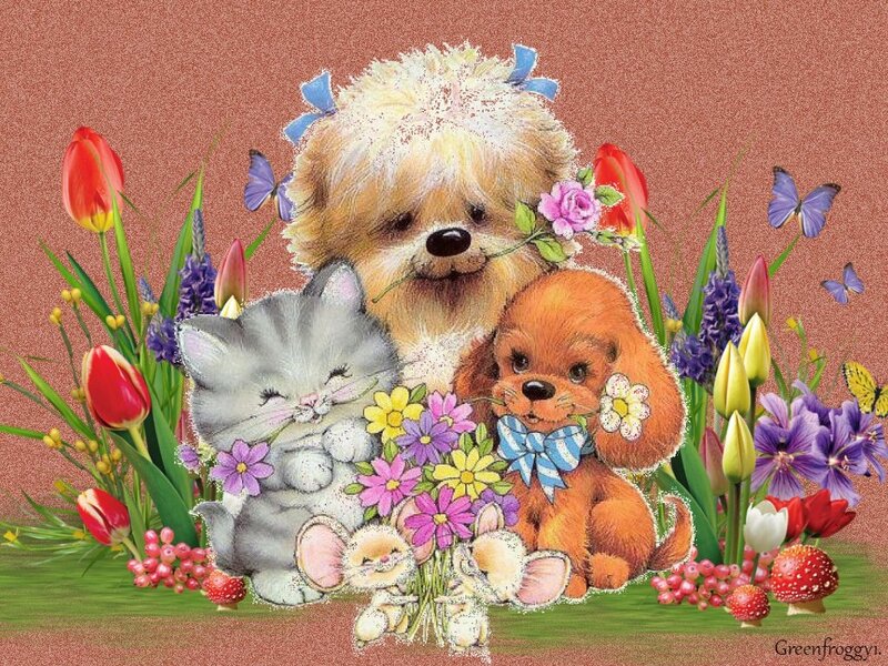 Puppies and Kitten in Flowers