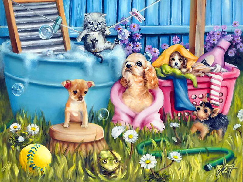 Puppies and Kitten in Garden