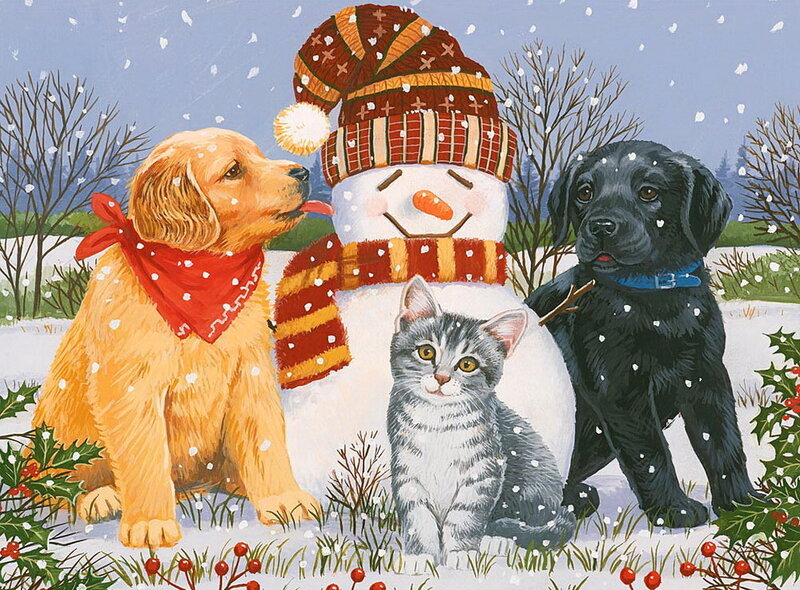 Puppies and Kitten with Snowman