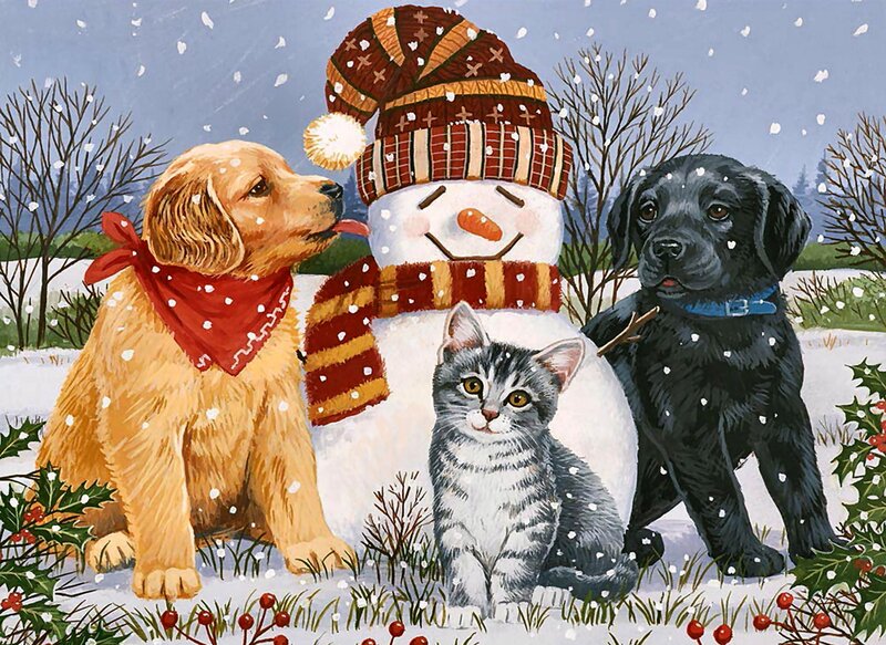 Puppies and Kitten with Snowman — White