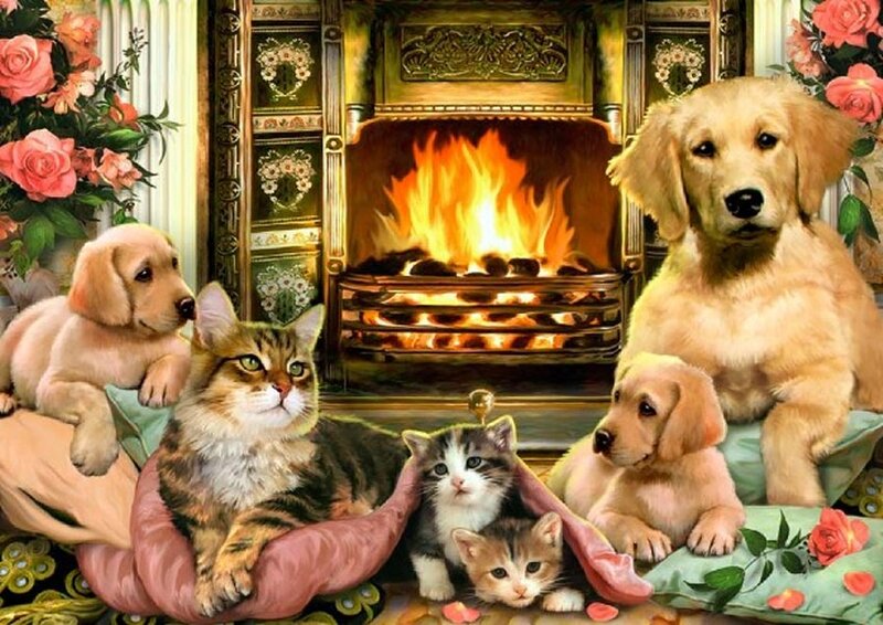 Puppies and Kittens by Fireplace