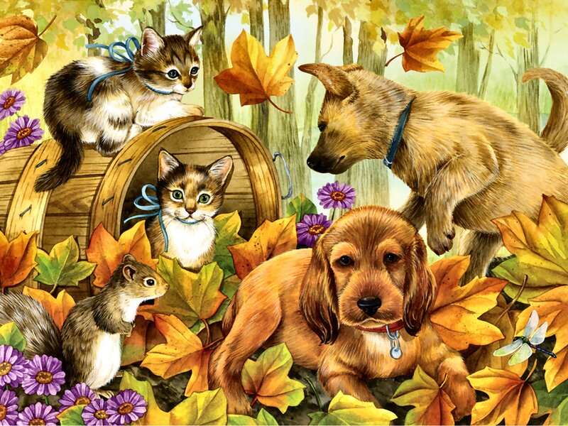 Puppies and Kittens in Autumn