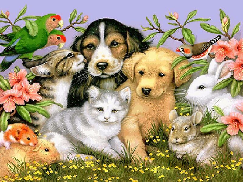 Puppies and Kittens in Flowers — Green