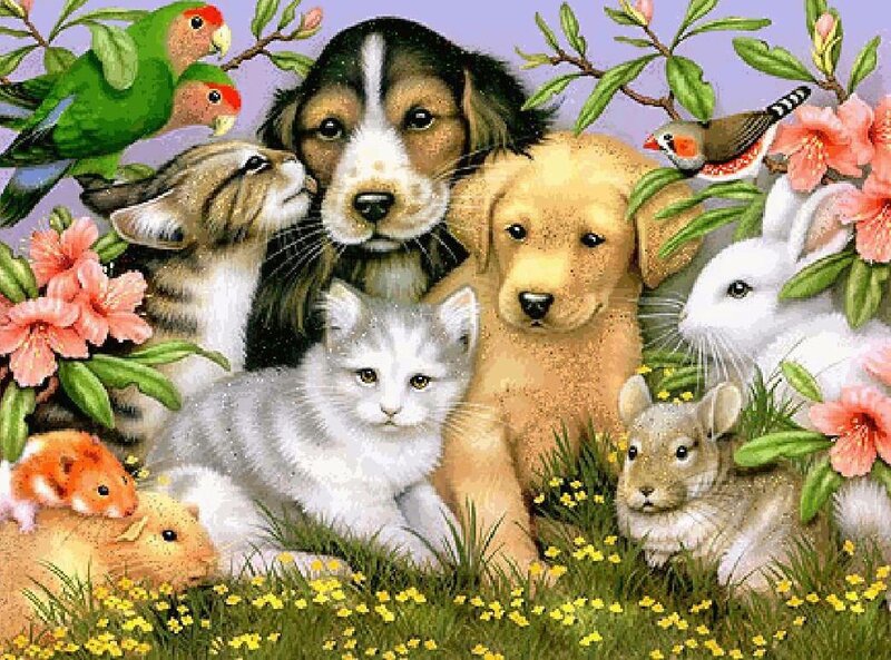Puppies and Kittens in Flowers