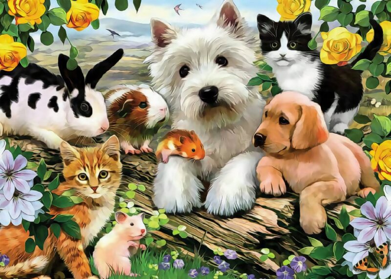Puppies and Kittens in Garden — Yellow
