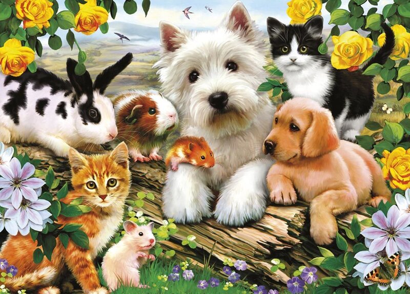 Puppies and Kittens on Log