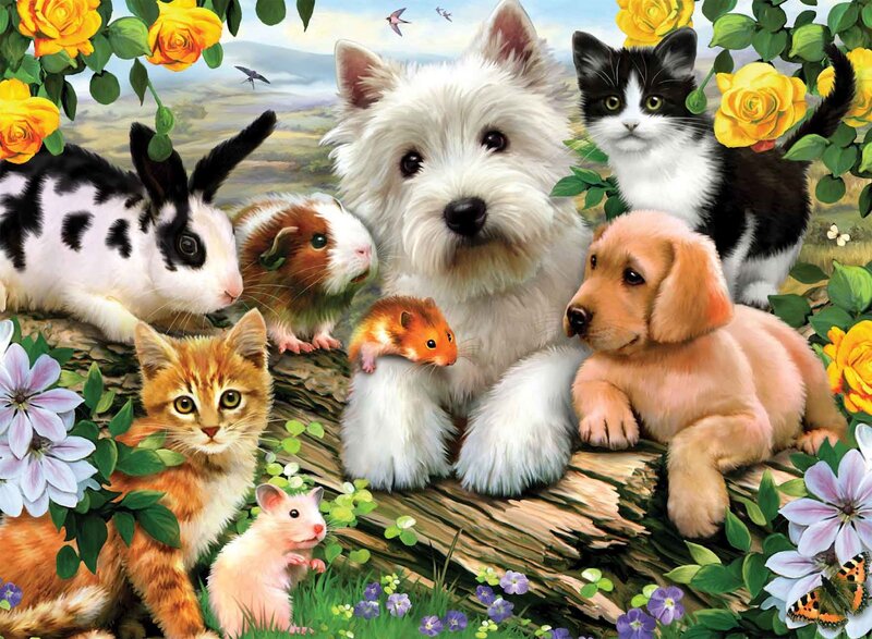 Puppies and Kittens on Log — Yellow