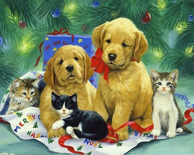 Puppies and Kittens under Tree — Green, Festive