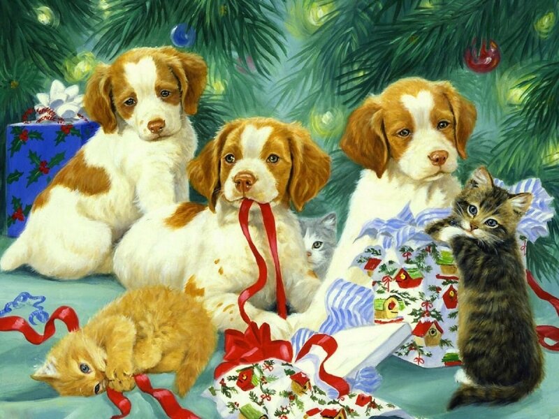 Puppies and Kittens under Tree — Green, Festive, Winter, Painting, Christmas Tree