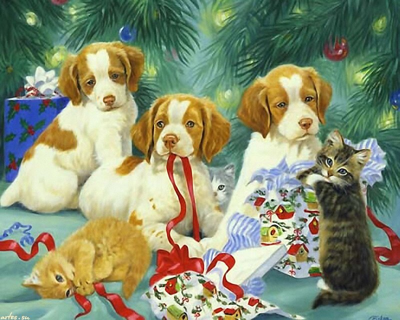 Puppies and Kittens under Tree — Green, Festive, Winter