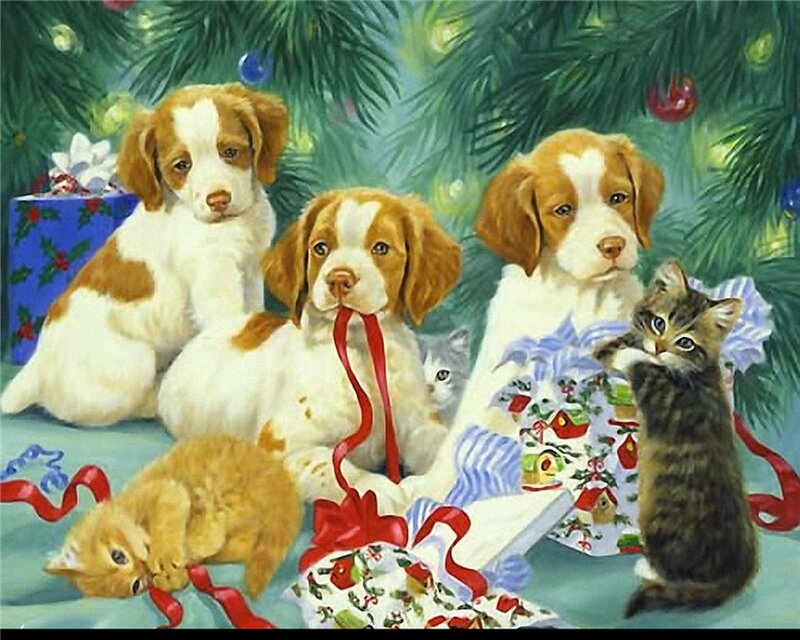 Puppies and Kittens under Tree — Green