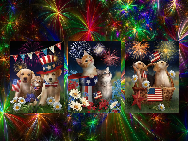 Puppies and Kittens with Fireworks — Red