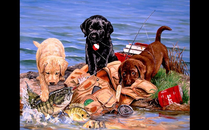Puppies fishing by the water