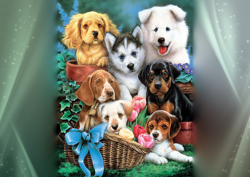 Puppies in a Basket — Green