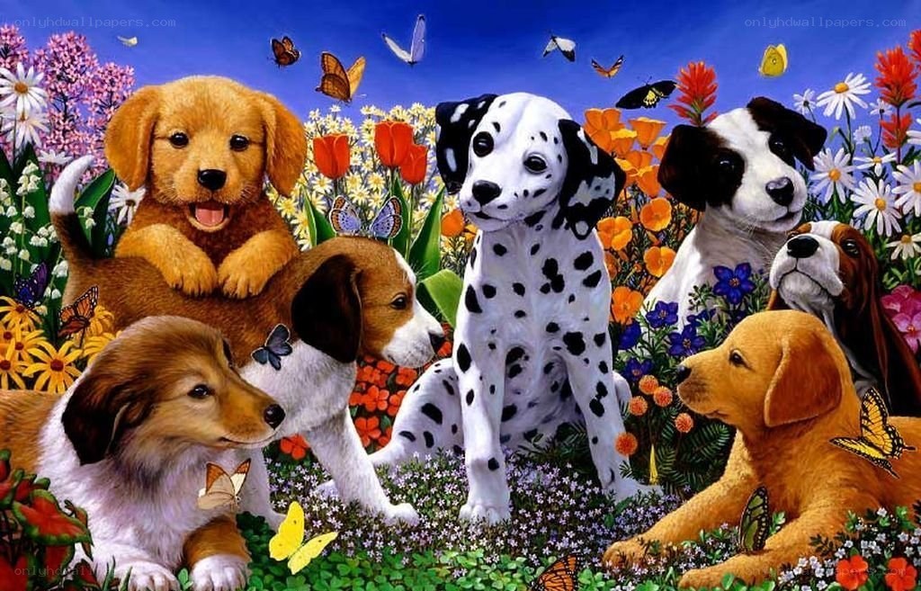 Puppies in a flower garden