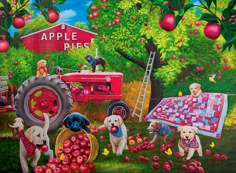 Puppies in Apple Orchard