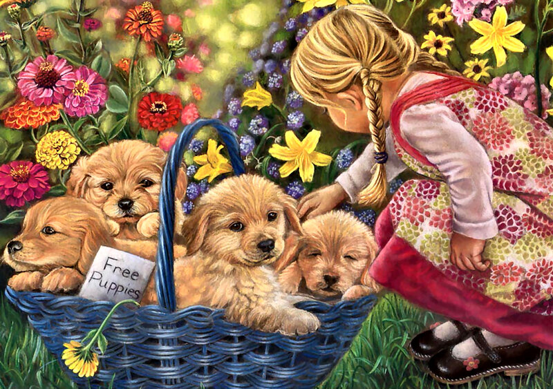 Puppies in Basket — Blue, Serene