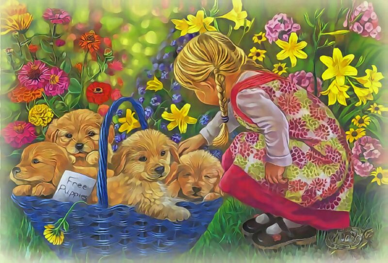 Puppies in Basket — Blue