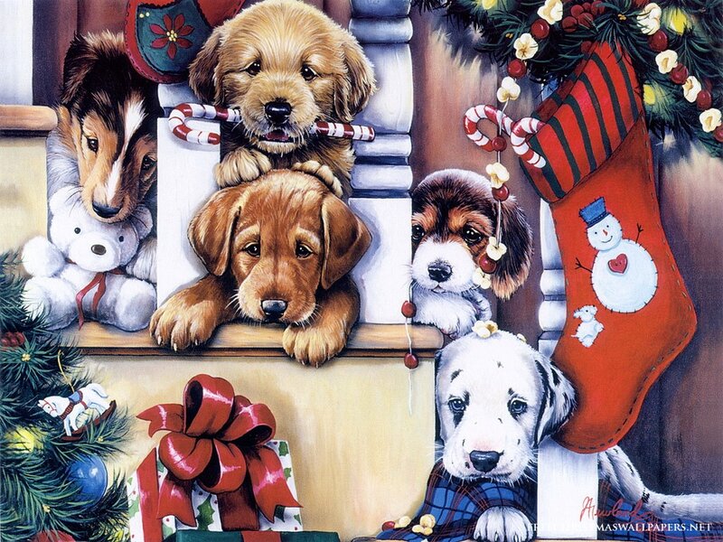 Puppies in Holiday Scene