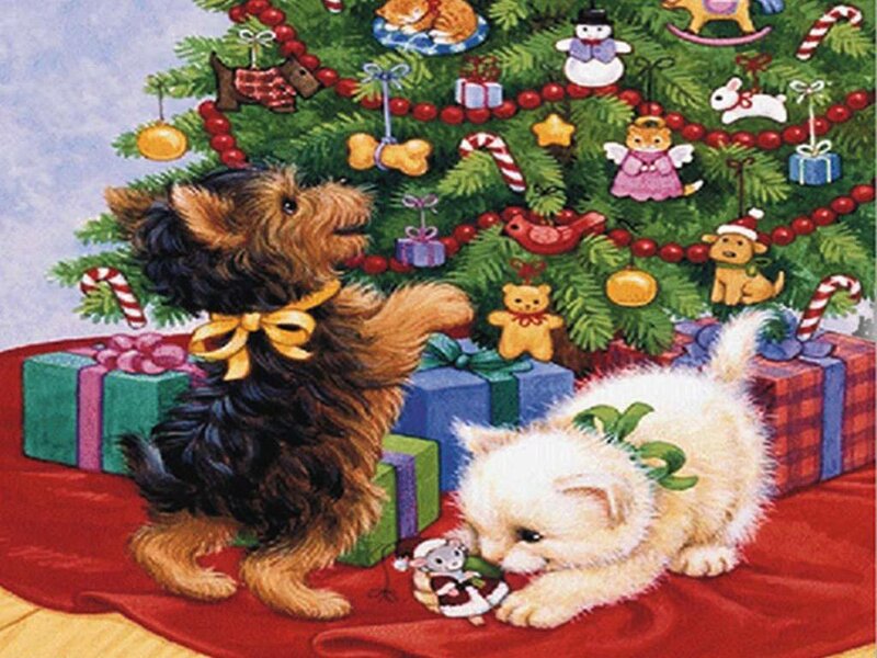 Puppies Near Christmas Tree — Green