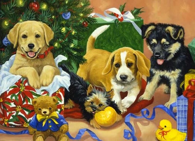 Puppies Near Christmas Tree