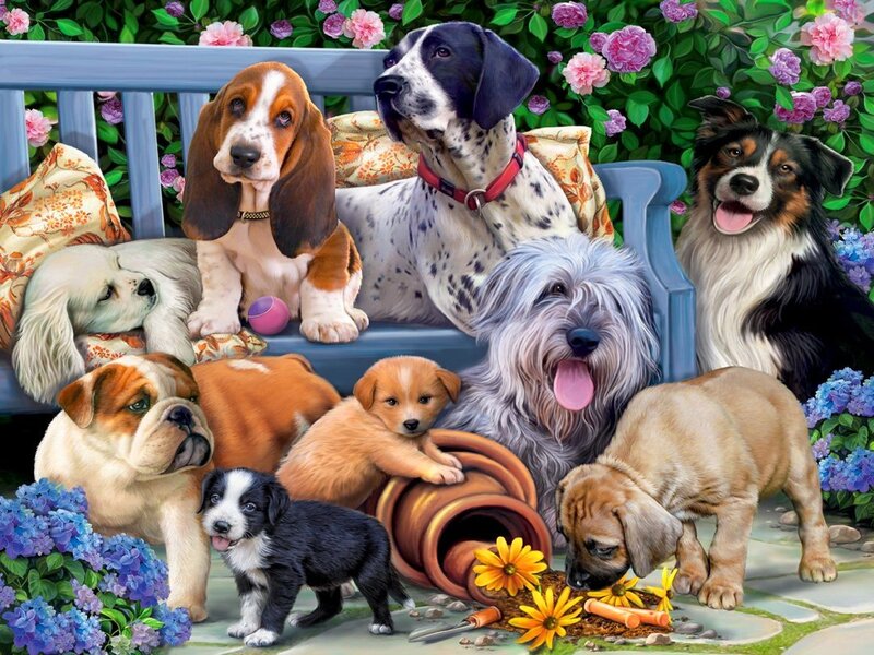 Puppies on a Bench — Green