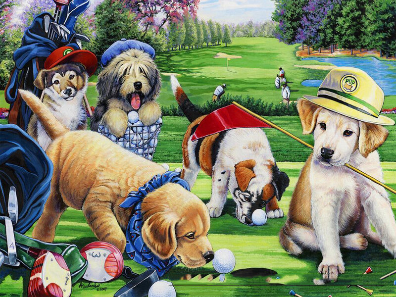 Puppies on a Golf Course — Green