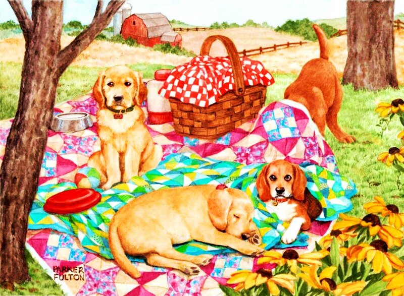 Puppies on Picnic Blanket