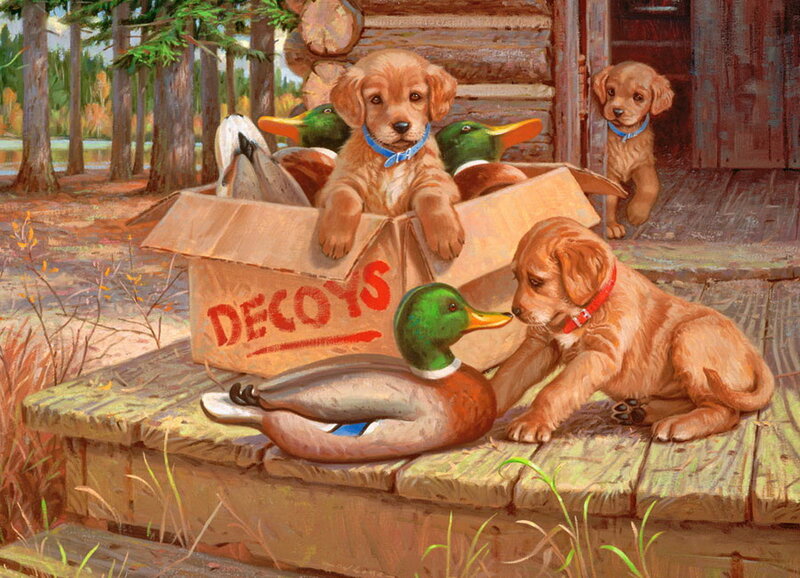 Puppies with Duck Decoys — Brown