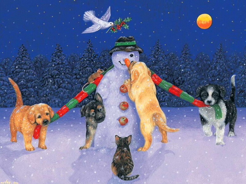 Puppies with Snowman — Blue