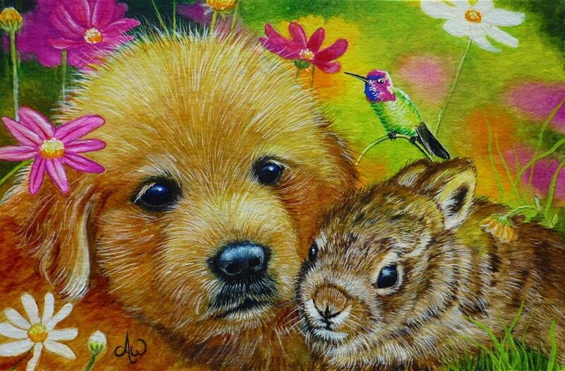 Puppy and Bunny in Flowers