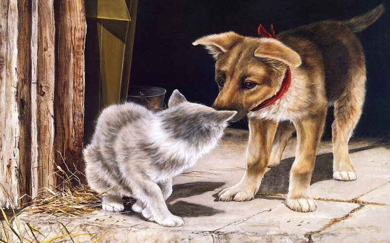 Puppy and Kitten — Brown, Calm, Painting