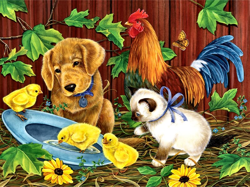 Puppy and Kitten with Chicks — Brown