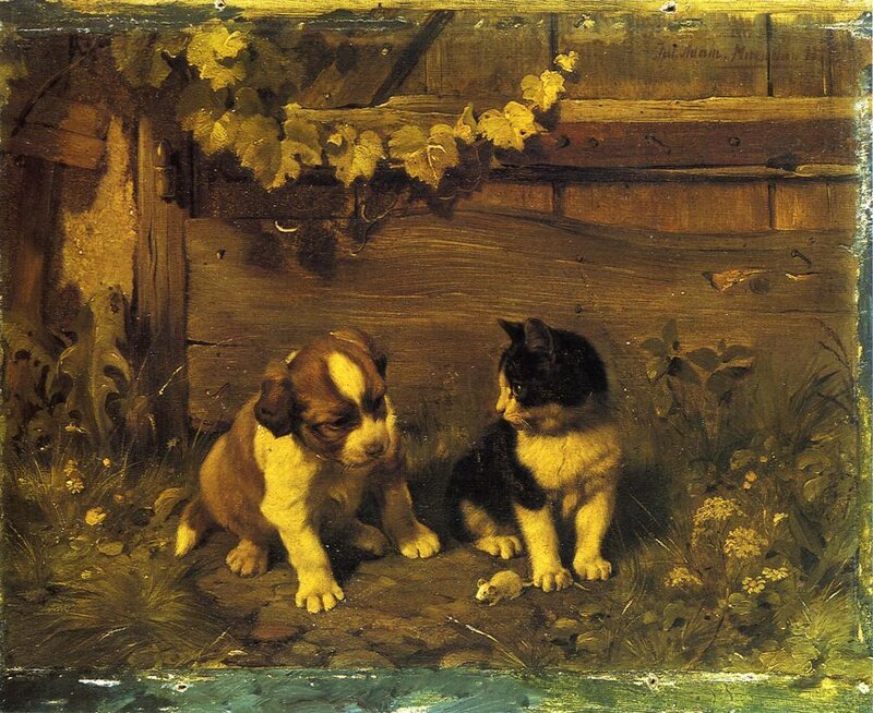 Puppy and kitten with mouse