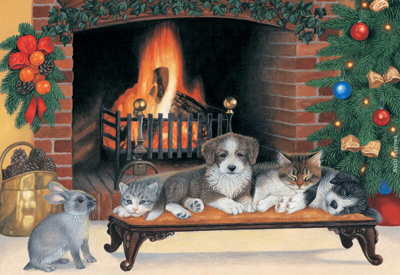 Puppy and Kittens by Fireplace — Brown