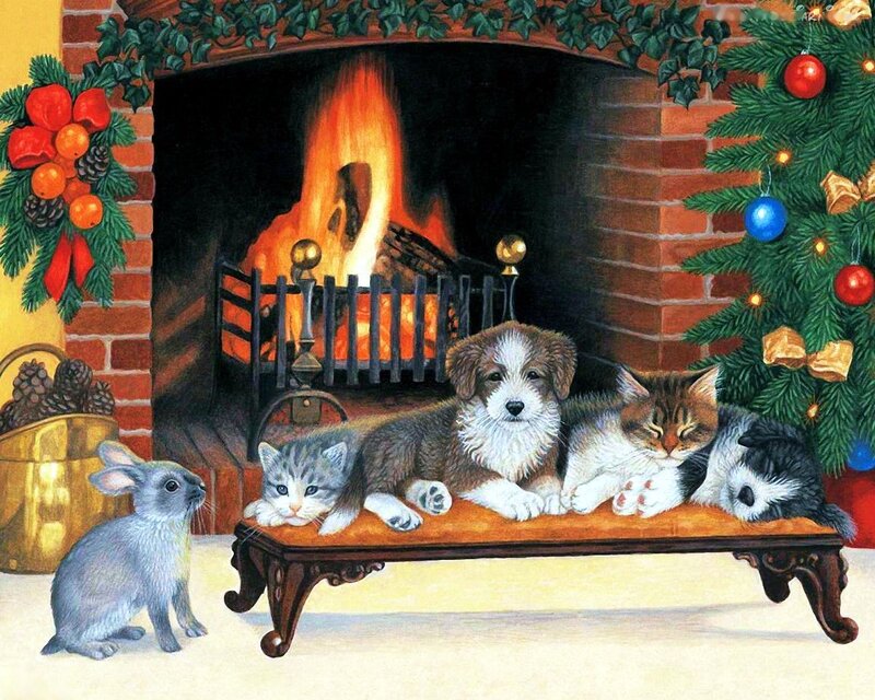 Puppy and Kittens by Fireplace — Green