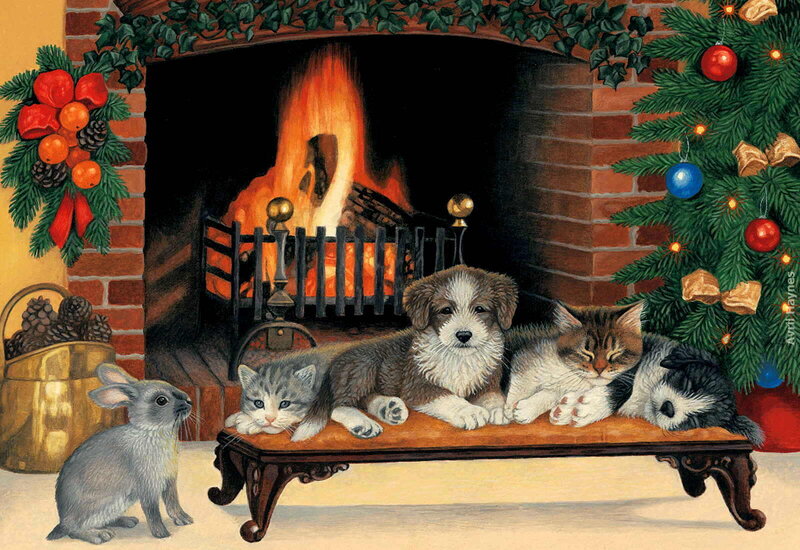 Puppy and Kittens by Fireplace