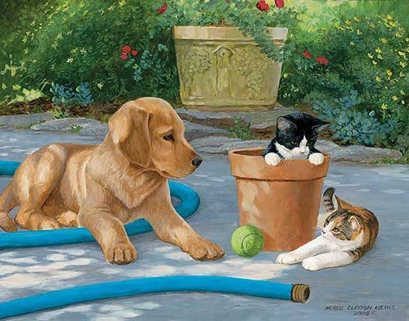 Puppy and Kittens in Garden