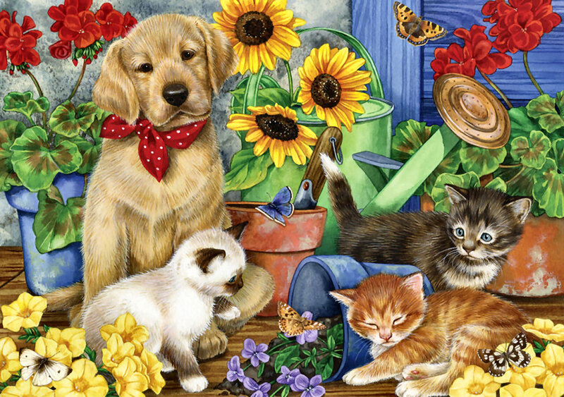 Puppy and Kittens in Garden — Yellow