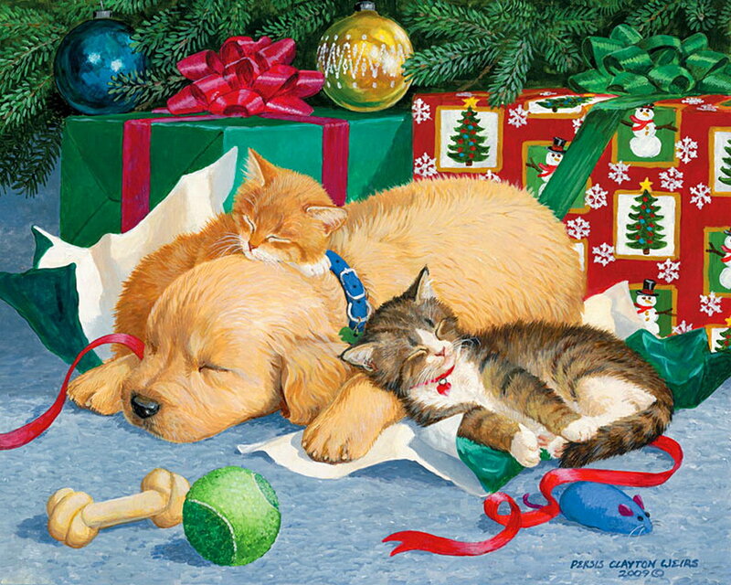 Puppy and Kittens Sleeping — Green