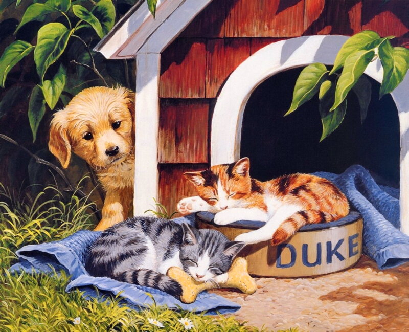 Puppy and Two Kittens — Green