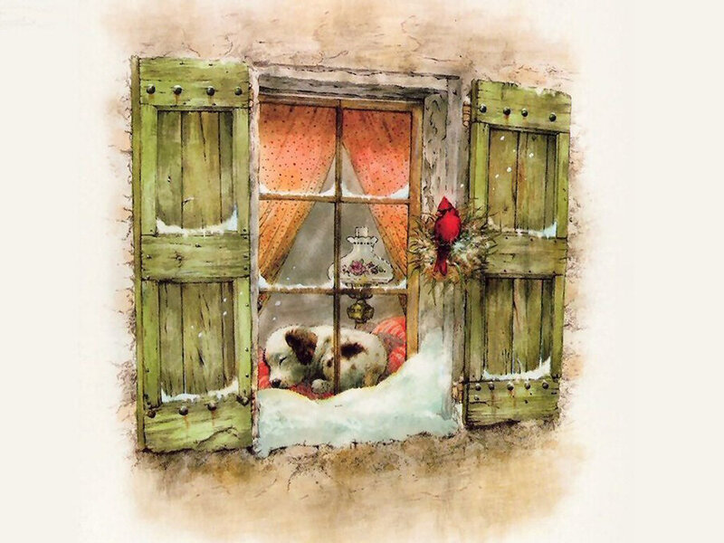 Puppy Sleeping in Window — Green